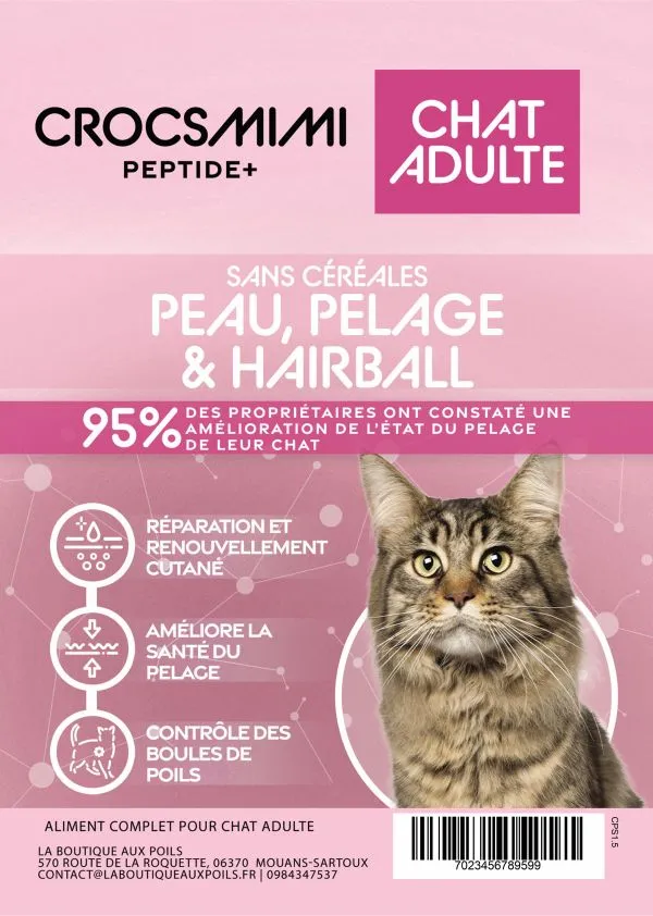 Croquettes Crocsmimi Peptide+ pour chat adulte – peau, pelage et contrôle des boules de poils
