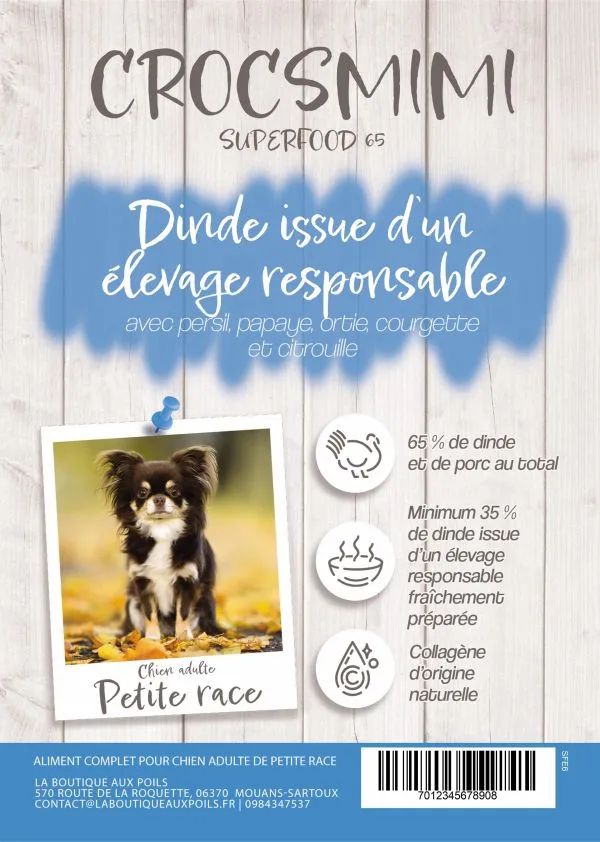 Croquettes Crocsmimi pour chien adulte petite race – recette dinde élevage responsable